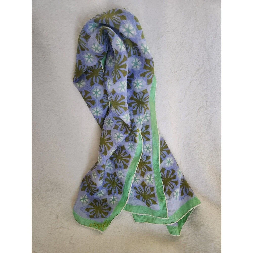 Vintage Vera Neumann Silk Scarf HandRolled Green Blue 60-70's Flower Geo Design
